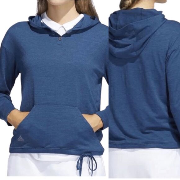 Adidas Woman’s Essentials Slub 1/4 Button blue lightweight Hoodie -XL NWT - Picture 1 of 11